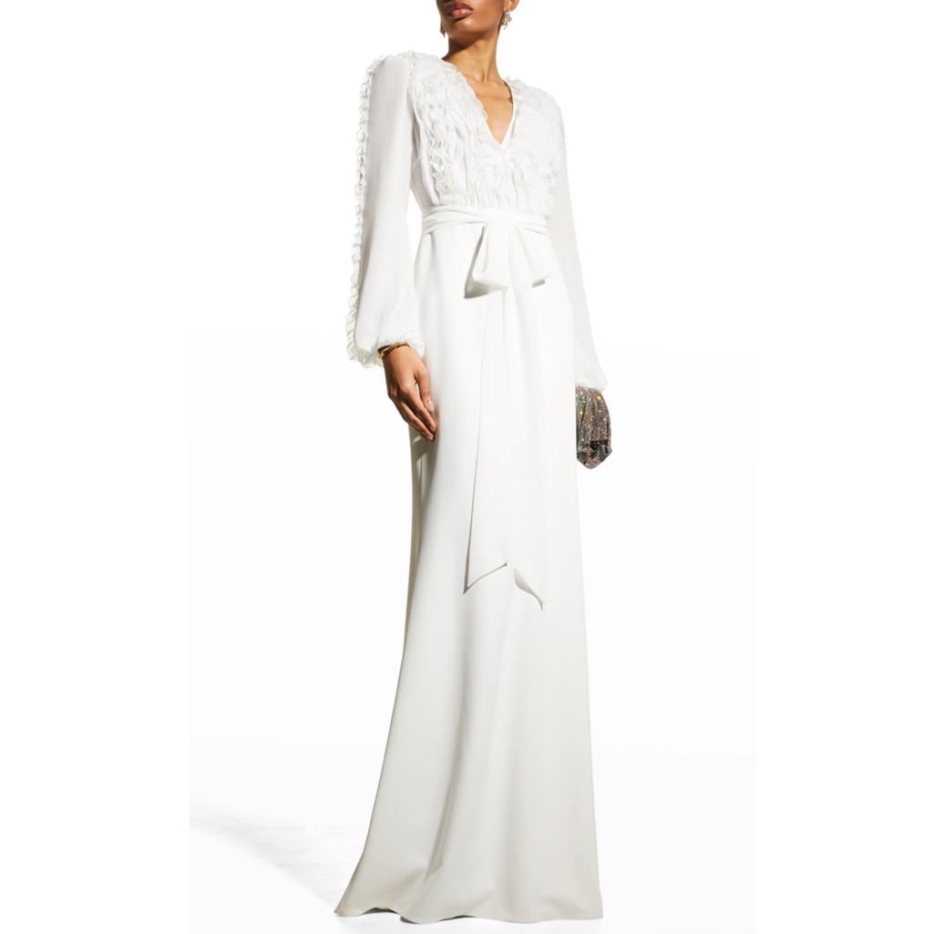 Badgley Mischka White Long Sleeve Evening Gown